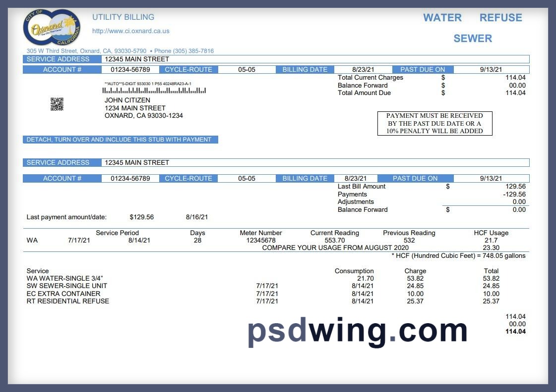 USA California City of Oxnard Utility Bill